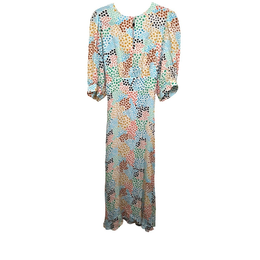 NWT Closet London Women's 12 Multi-Color Polka Dot Maxi Dress Puff Sleeves & Tie